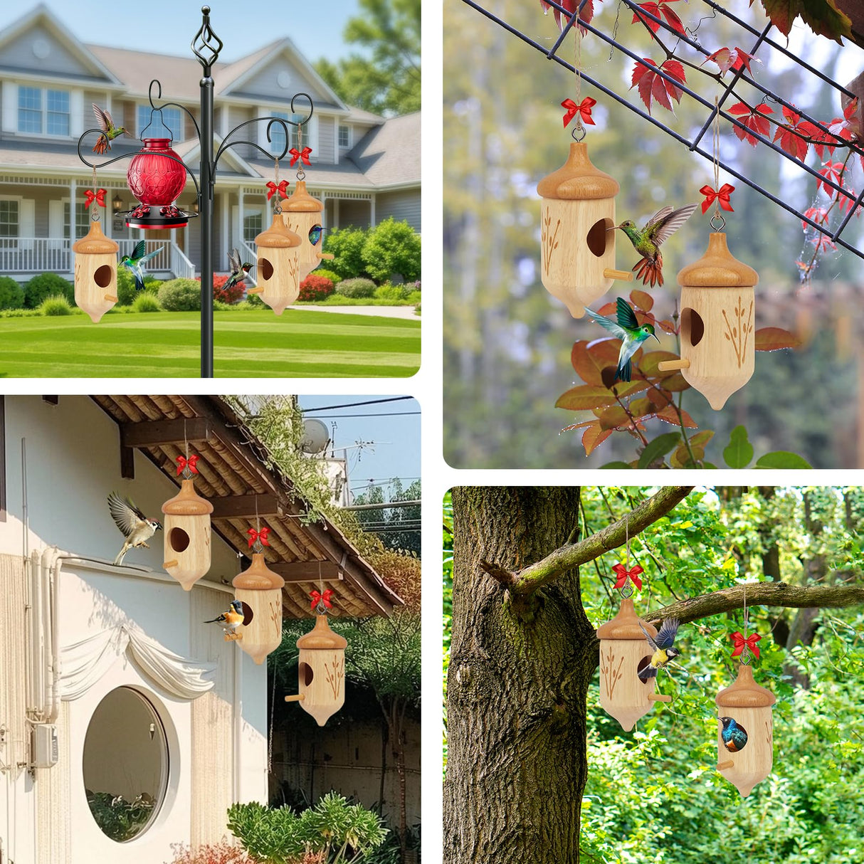 Hummingbird House, Small Hummingbird Houses for Outside, Wooden Bird House with Bow, String, Cute Gardening Gifts Home Decoration (Style-3, 1 Pack)