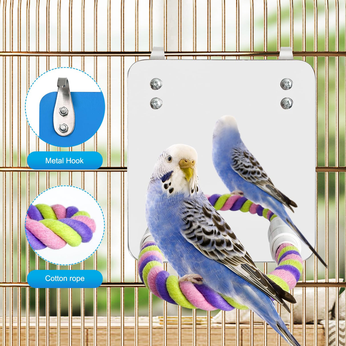 LOPERDEVE 5.9" Bird Mirror with Rope Perch Bird Toys Swing, Comfy Perch for Greys Amazons Parakeet Cockatiel Conure Lovebirds Finch Canaries