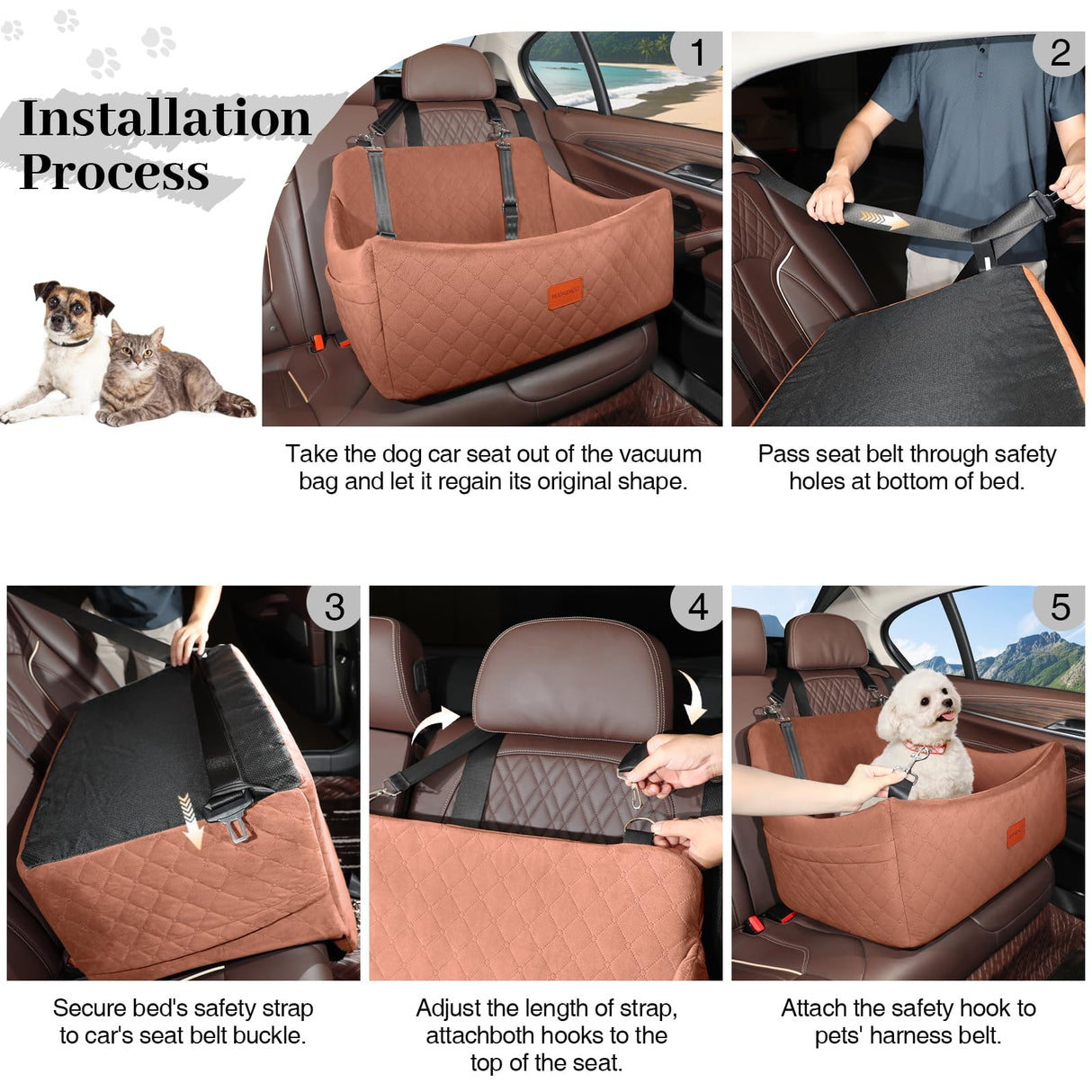 Wooaidagg Dog Car Seat for Medium & Large Dogs Up to 55lbs, Memory Foam Cushion, Washable Cover, Safety Straps & Non-Slip Base (Brown, Large)