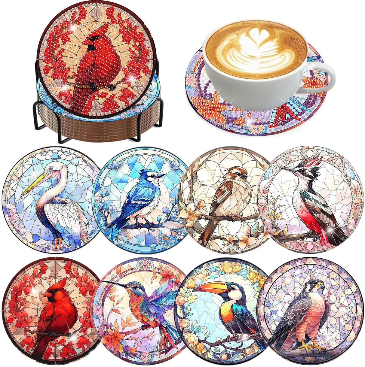 croshom 8 PCS Birds Diamond Art Coasters Diamond Painting Coasters Kits with Holder, Birds DIY Coasters for Adult Beginners, Diamond Art Crafts Supplies