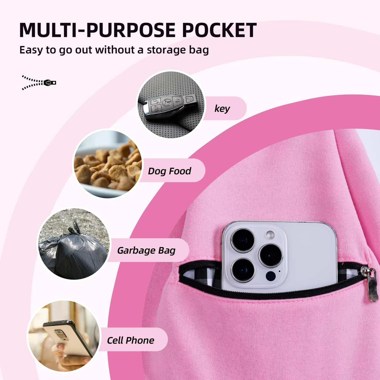 Adjustable Dog Carrier Sling - Hand-Free Dog Carriers for Small Dogs and Cats, Puppy Sling Carrier with Zipper Purse Pocket, Travel Safety Harness, Puppy Essentials (Pink)