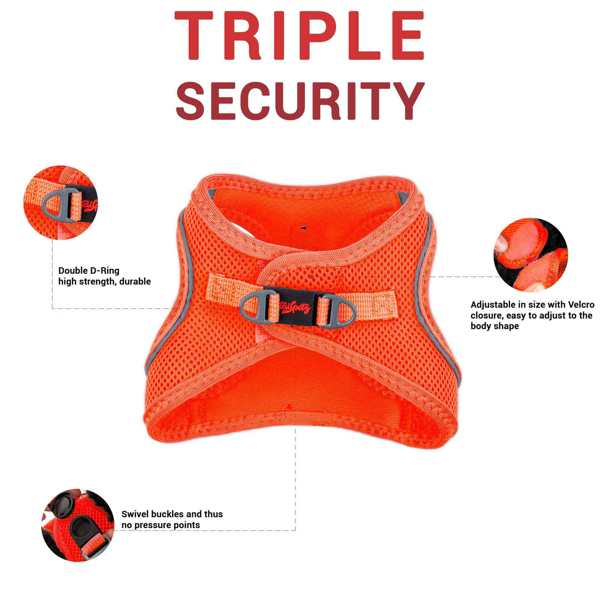 Tailpetz Dog Harness with Breathable Mesh, Reflective, Step-in, No Pull Dog Vest Harness for Small and Medium Dogs and Cats, Neon Orange, 3XS