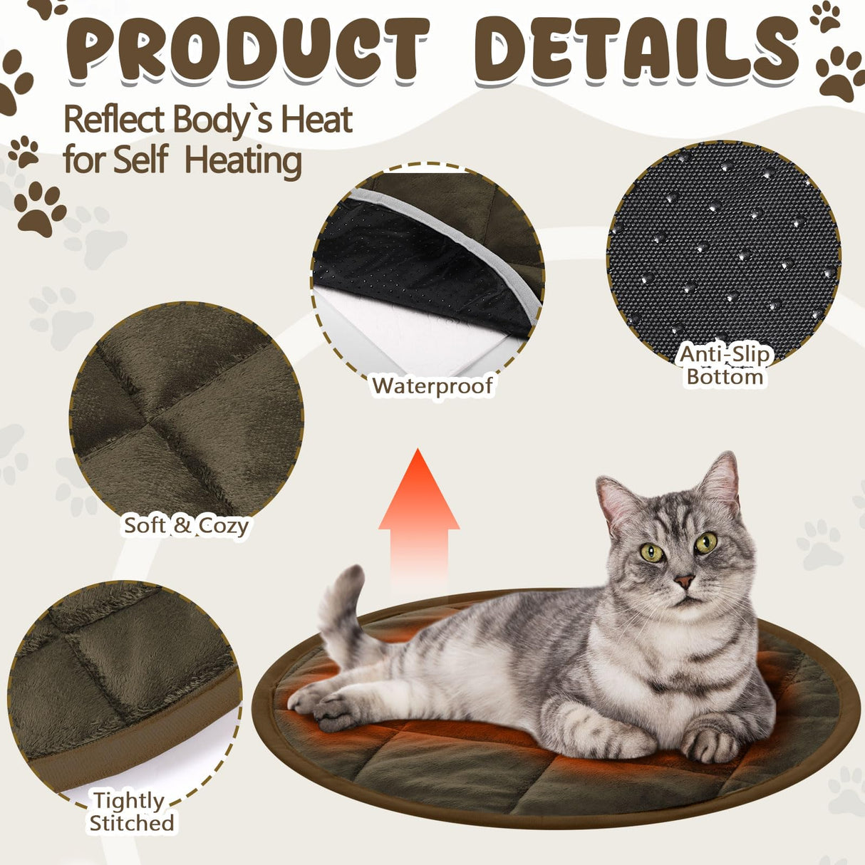 Drydiet 2 Pcs Cat Heating Pad Round 16 Inch Self Heating Cat Mat Washable Heated Bed Anti Slip Warming Pad Pet Bed Mat for Kennel Dog Crate Indoor Outdoor(Coffee,16 Inch)