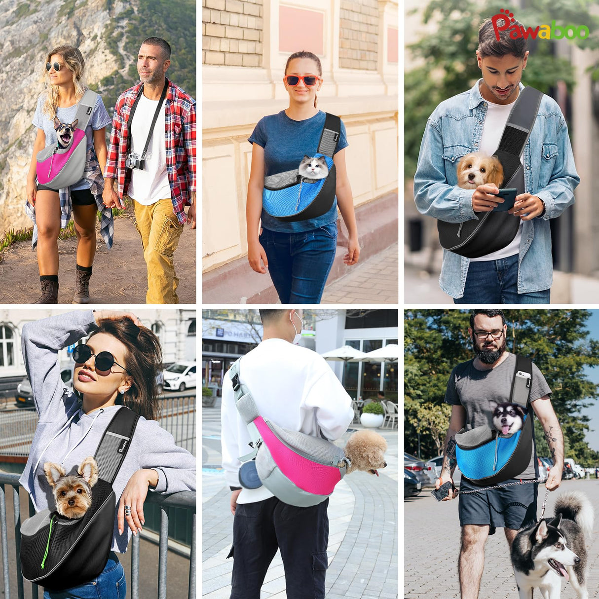 Pawaboo Pet Dog Sling Carrier, Hand Free Drawstring Dog Papoose with Adjustable Strap, Breathable Mesh Bag for Puppy Cat, Crossbody Satchel Dog Purse with Pocket for Outdoor, Dark Gray+Black, Small