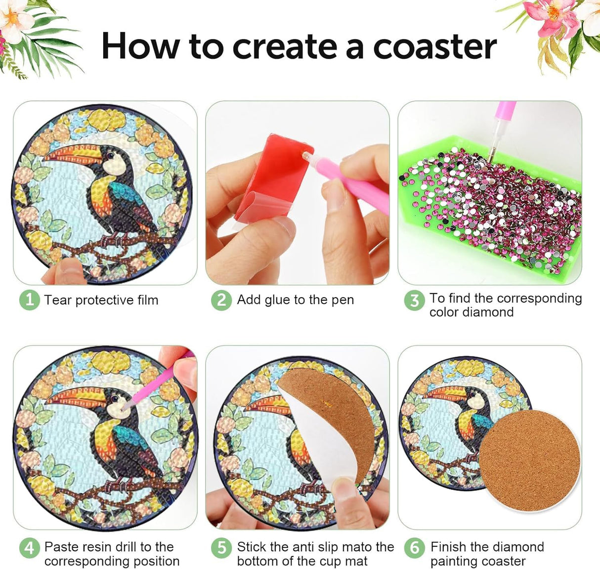 croshom 8 PCS Birds Diamond Art Coasters Diamond Painting Coasters Kits with Holder, Birds DIY Coasters for Adult Beginners, Diamond Art Crafts Supplies