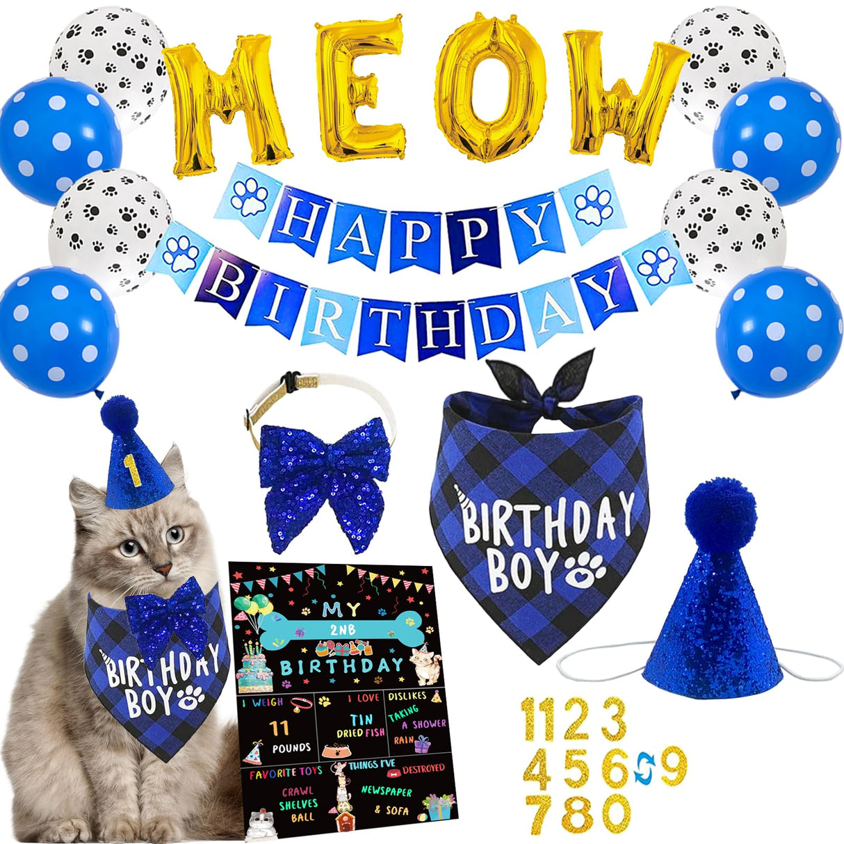 Cat Kitten Birthday Bandanas Cat Birthdays Party Supplies Party Hat Boy with Cat Birthdays Banner Balloons Meow Letter Foil Balloons for Boy Cats Kitten Decorations