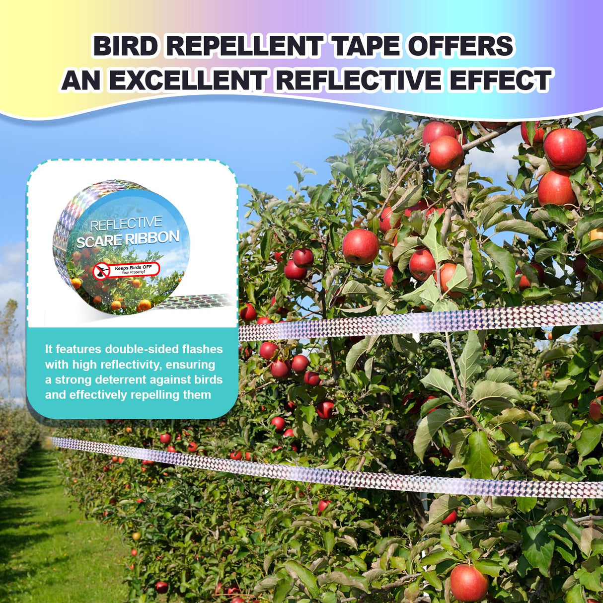 Bird Scare Tape Ribbon(524FT) - Reflective Tape for Birds - Keep Birds Away Outdoor - Scare Tape for Bird Control - Double Side Ribbon, Scare Geese, Pigeon, Duck, Woodpecke - Yard Decoration