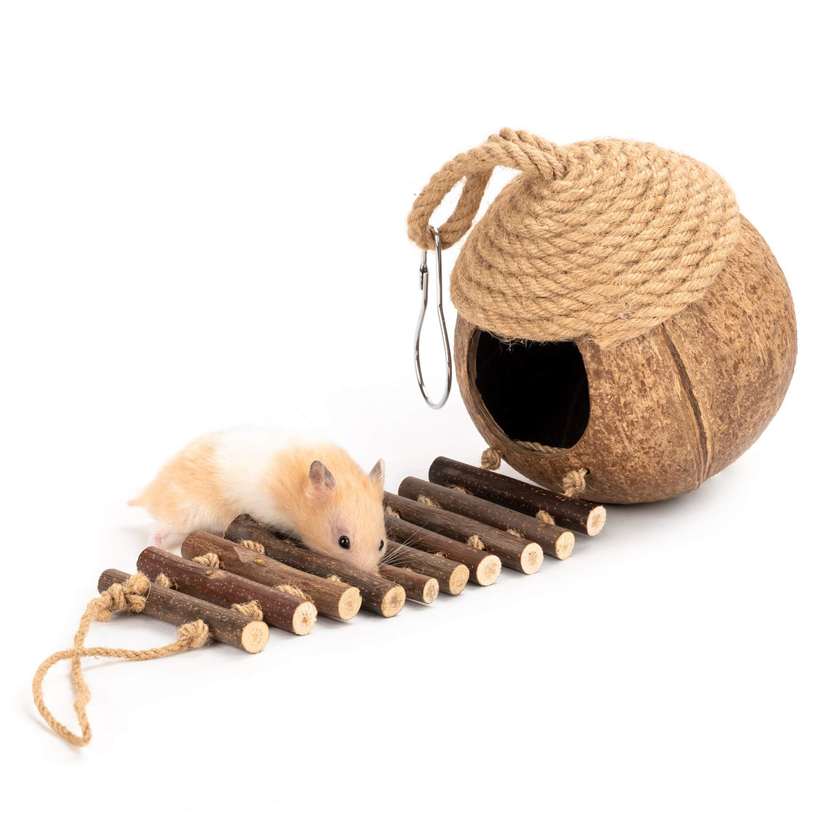 andwe Coconut Bird Nest Hut with Ladder for Parrots Parakeet Conures Cockatiel - Small Animals House Pet Cage Habitats Decor