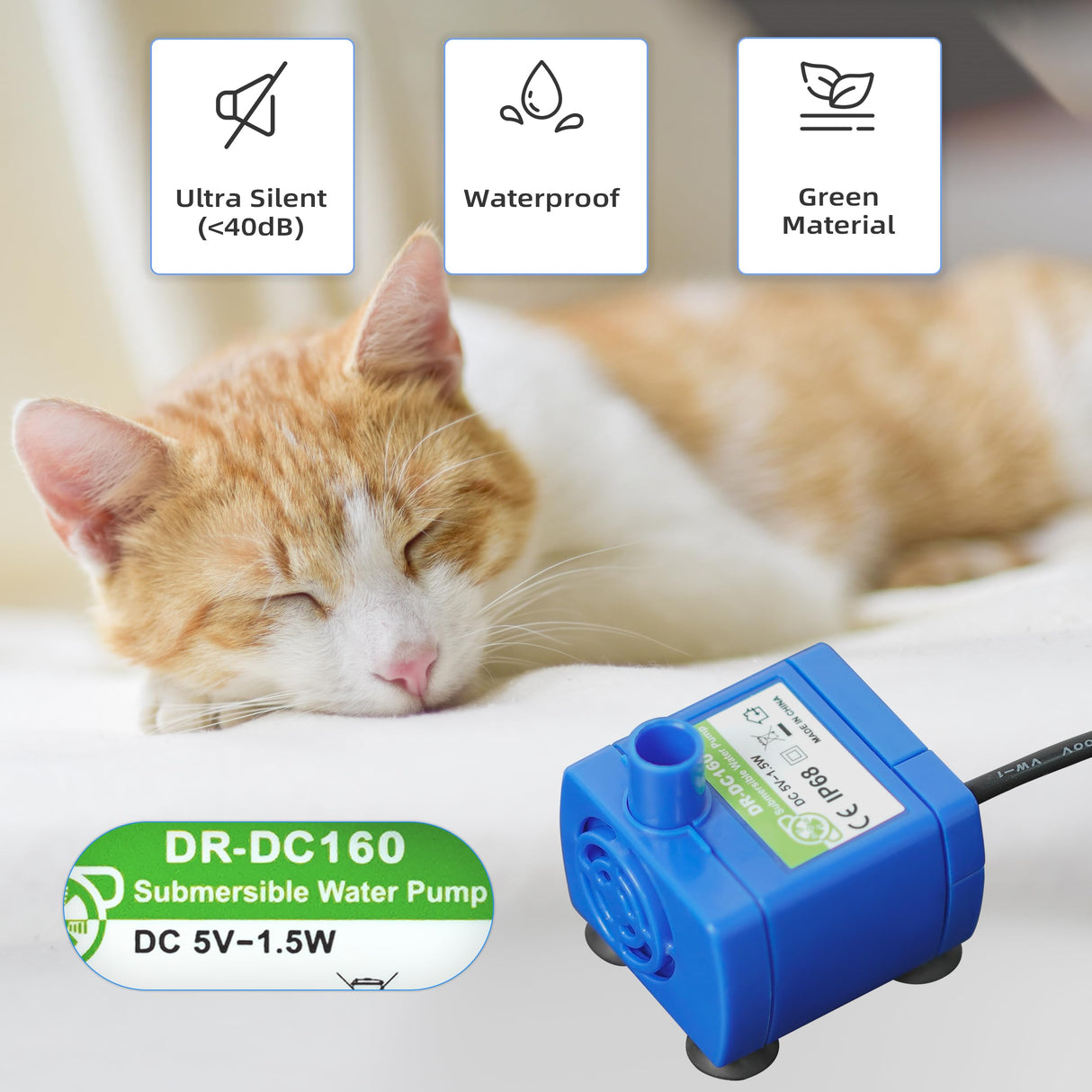 Supersuki Cat Water Fountain Pump, DR-DC 160 Submersible Water Pump with LED Light for Stainless Steel, Ceramic Pet Water Fountain, Automatic Cat Water Dispenser Motor Replacement