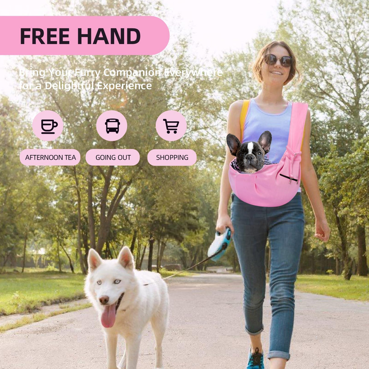 Adjustable Dog Carrier Sling - Hand-Free Dog Carriers for Small Dogs and Cats, Puppy Sling Carrier with Zipper Purse Pocket, Travel Safety Harness, Puppy Essentials (Pink)