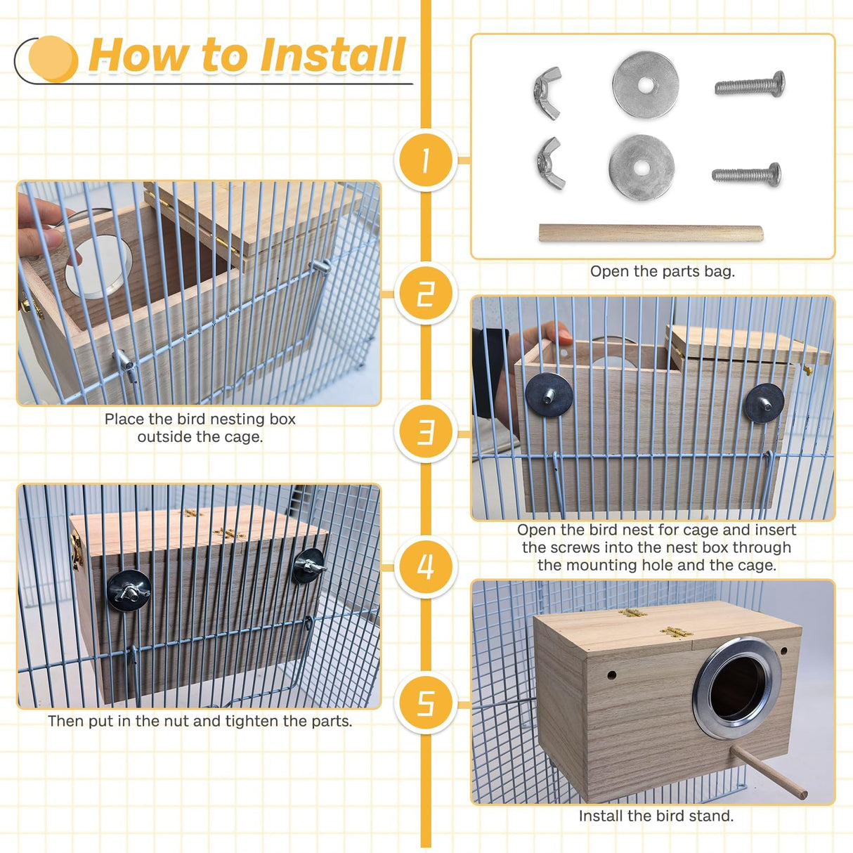 PINVNBY Parakeet Nesting Box Bird House for Cage Wood Mating Box Bird Breeding Box for Lovebirds, Cockatoo, Budgie, Finch, Canary Small and Medium Sized Birds (M:7.9 * 4.7 * 4.7 inch)