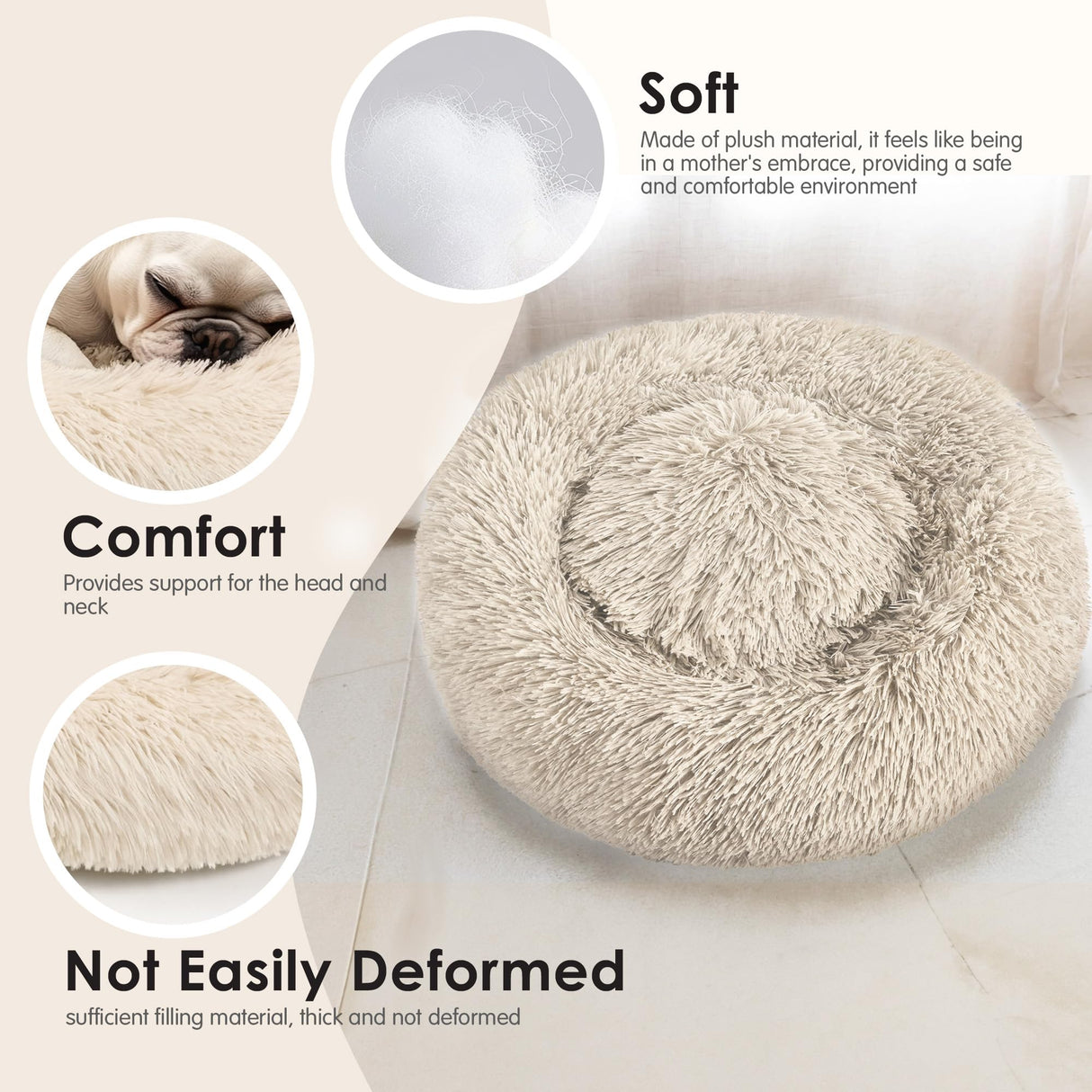 Hoewina Dog & Cat Bed, 20in Cat Beds for Indoor Cats, Calming Donut Bed for Puppy and Kitten, Washable Round Fluffy Pet Bed for Small Medium Dogs and Cats (Light Brown)