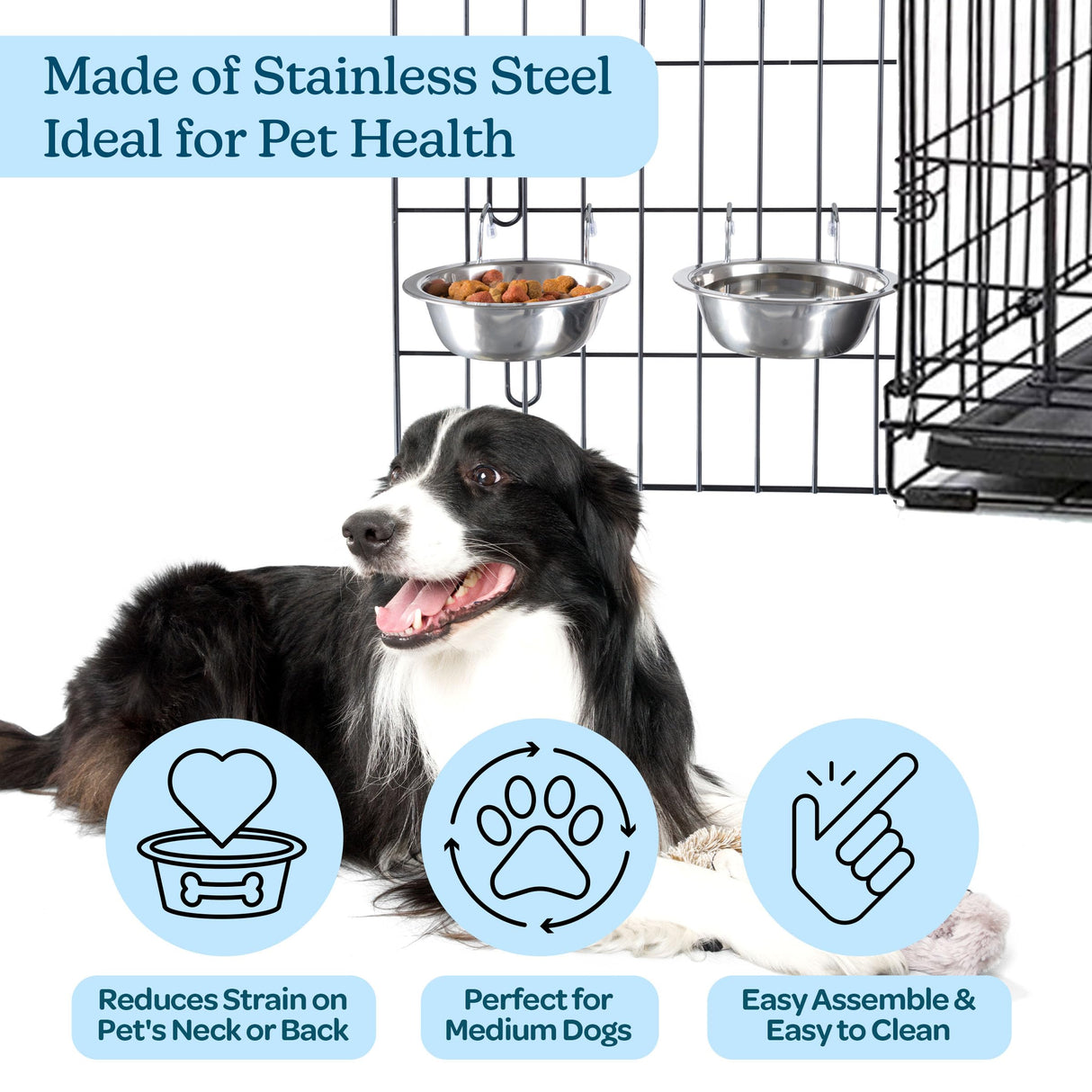Set of 2 Stainless-Steel Dog Bowls - Cage, Kennel, and Crate Hanging Pet Bowls for Food and Water - 20oz Each and Dishwasher Safe by PETMAKER,Silver
