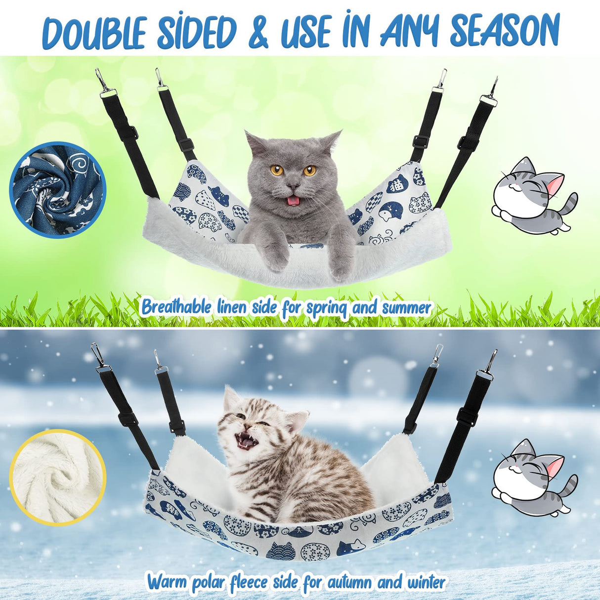 BBTO 3 Pcs Reversible Pet Hammock Soft Plush Cat Hanging Hammock Guinea Pig Bed Rat Cage Accessories for Puppy Dog Piggy Kitten Ferret Rabbit Other Small Animals(Cat)