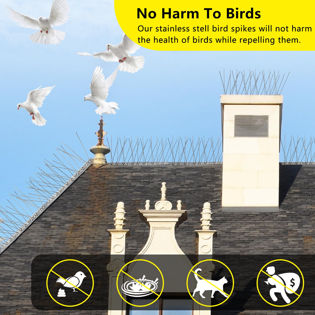 KOKMEYA Bird Spikes 3.28FT, 304 Stainless Steel Bird Deterrents Spikes for Outside to Keep Birds Away Birds Scare Devices Outdoor 4Pcs