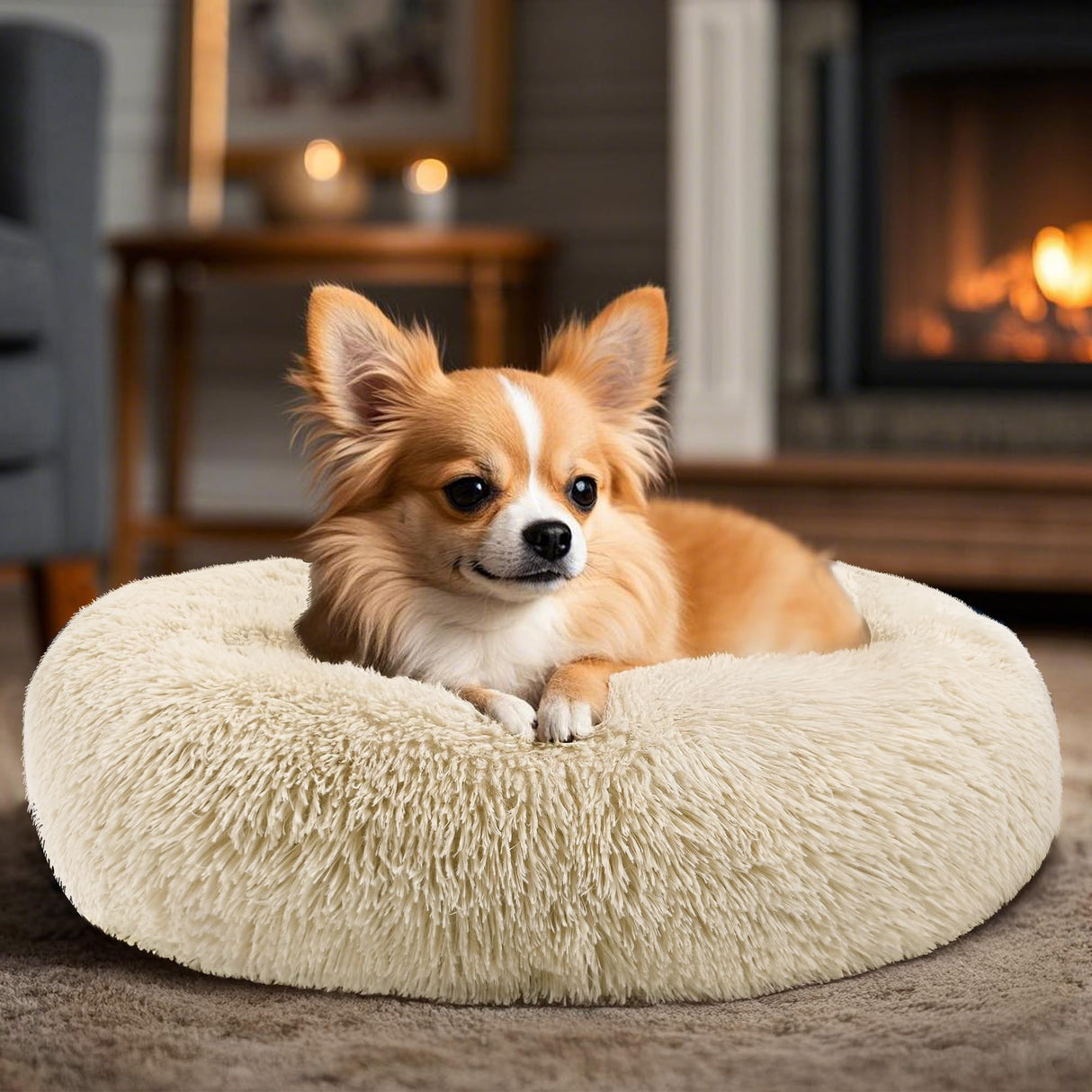 Hoewina Dog & Cat Bed, 20in Cat Beds for Indoor Cats, Calming Donut Bed for Puppy and Kitten, Washable Round Fluffy Pet Bed for Small Medium Dogs and Cats (Light Brown)