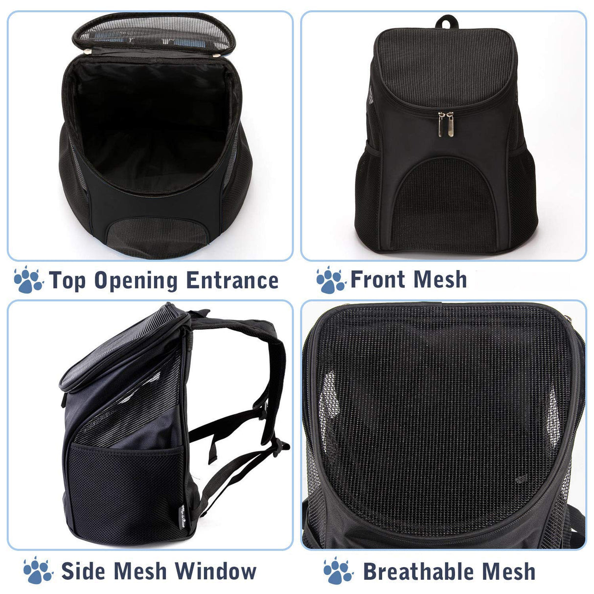 Dog Carrier Backpack Breathable for Small Pets/Cats/Puppies, Pet Carrier Bag with Mesh Ventilation, Safety Features and Cushion Back Support, for Traveling, Hiking, Camping, Walking & Outdoor, Black