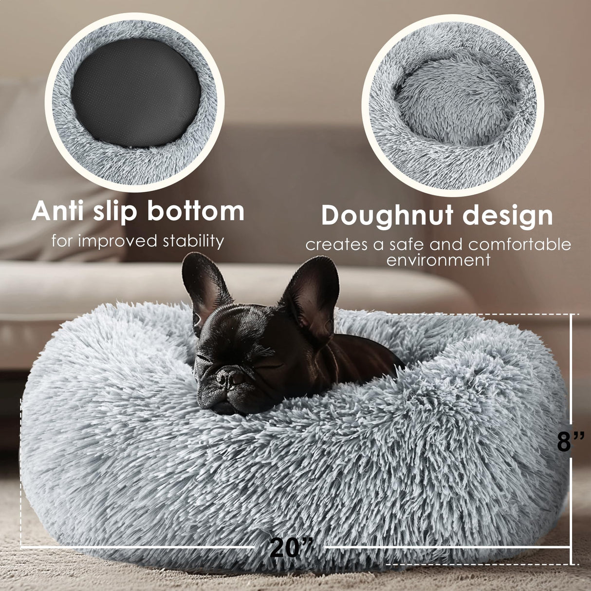Hoewina Dog & Cat Bed for Indoor Cats, 20in Calming Donut Bed for Puppy and Kitten, Washable Round Fluffy Pet Bed for Small Medium Dogs and Cats (Light Grey)