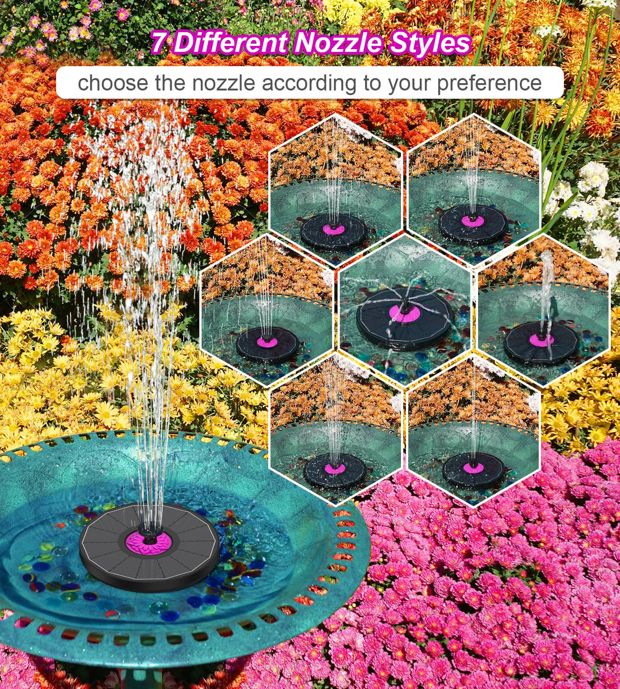 SZMP Solar Fountain 3.5W Bird Bath Fountains with Rosy Flower, 100% Glass Panel, Solar Powered Water Fountain with 7 Nozzles, for Pool, Pond, Garden, Outdoor (Black)