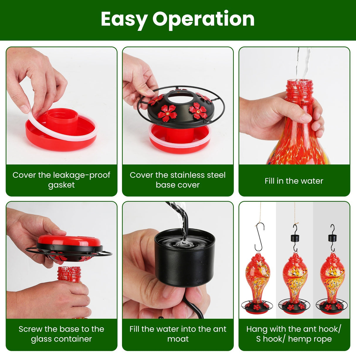 1Pc Glass Hummingbird Feeder 33OZ Hand Blown Hummingbird Feeder With 5 Flower Feeding Port Perch Ant Moat Hanging Hook S Hook Hemp Rope Cleaning Brush For Garden Decor