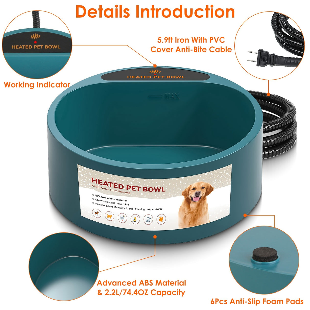1Pc Heated Water Bowl For Dog Cat 74.4OZ Heating Water Dish IP67 Waterproof Thermal Water Bowl Heated Pet Bowl Dog Cat Water Feeder Bowl For Dog Cat Rabbit Pet