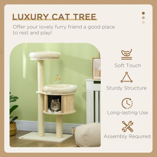 PawHut 3 Level Cat Tree With Sisal Scratching Posts Cat Badminton Toy For Playing Soft Cushions Play Areas