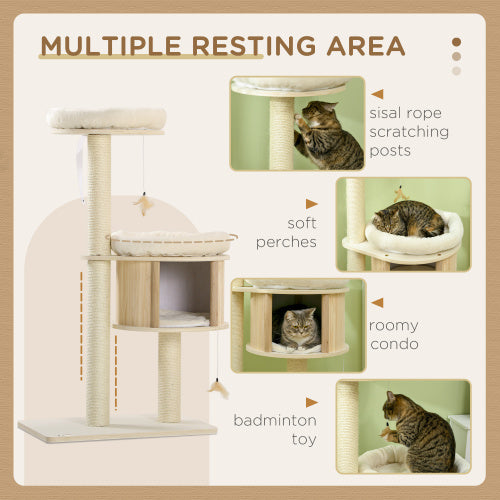 PawHut 3 Level Cat Tree With Sisal Scratching Posts Cat Badminton Toy For Playing Soft Cushions Play Areas