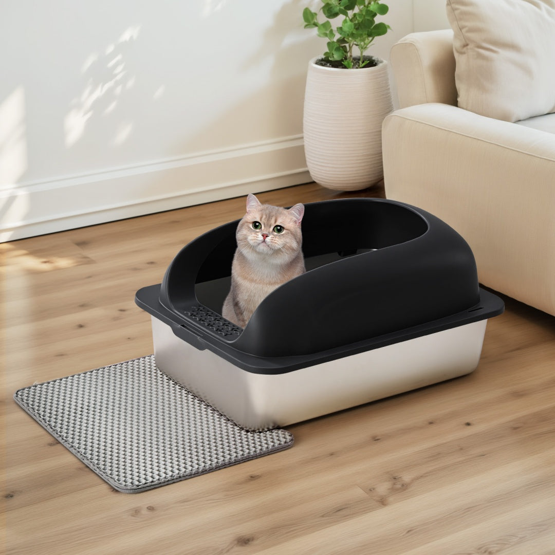 Stainless Steel Cat Litter Box With Lid, Large Cat Litter Box For Big Cats, Scoop And Mat Included