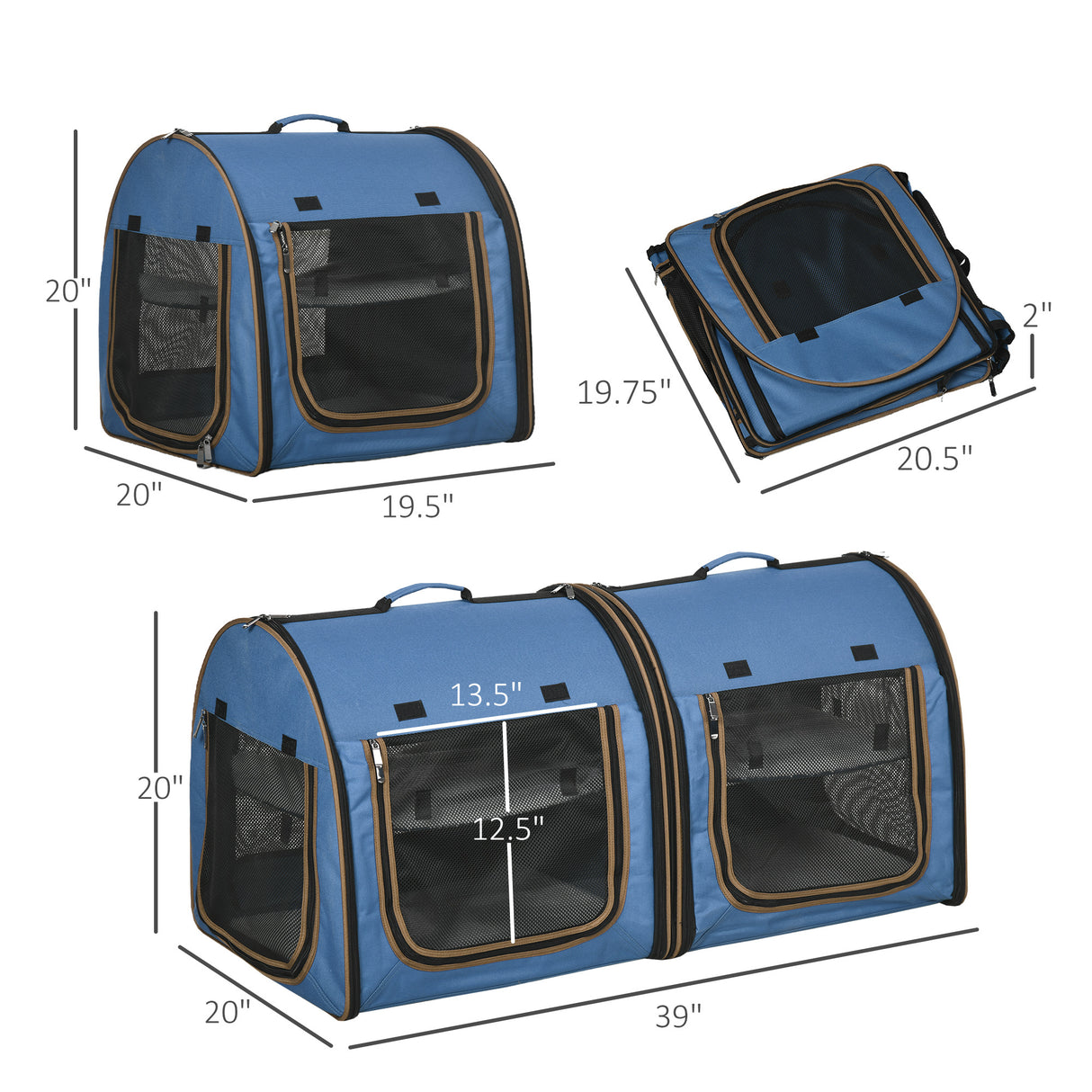 Portable Twin Compartment Show House Cat Cage 39 Soft-Sided Pet Kennel With Soft Cushions Storage Bag Blue