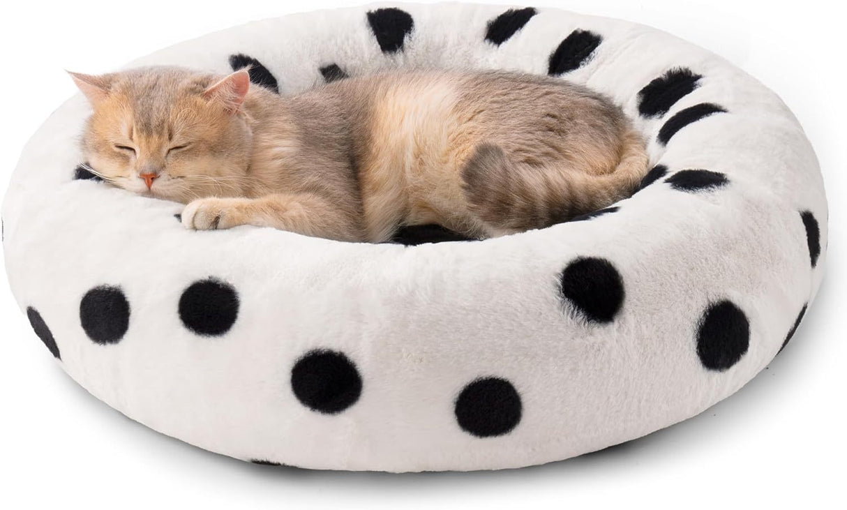MEWOOFUN Donut Cat Bed For Indoor Cats - 23 Inch Round Washable Pet Bed With Non-Slip Bottom, Plush Fluffy Small Dog Bed For Puppies & Kittens, Black Dot