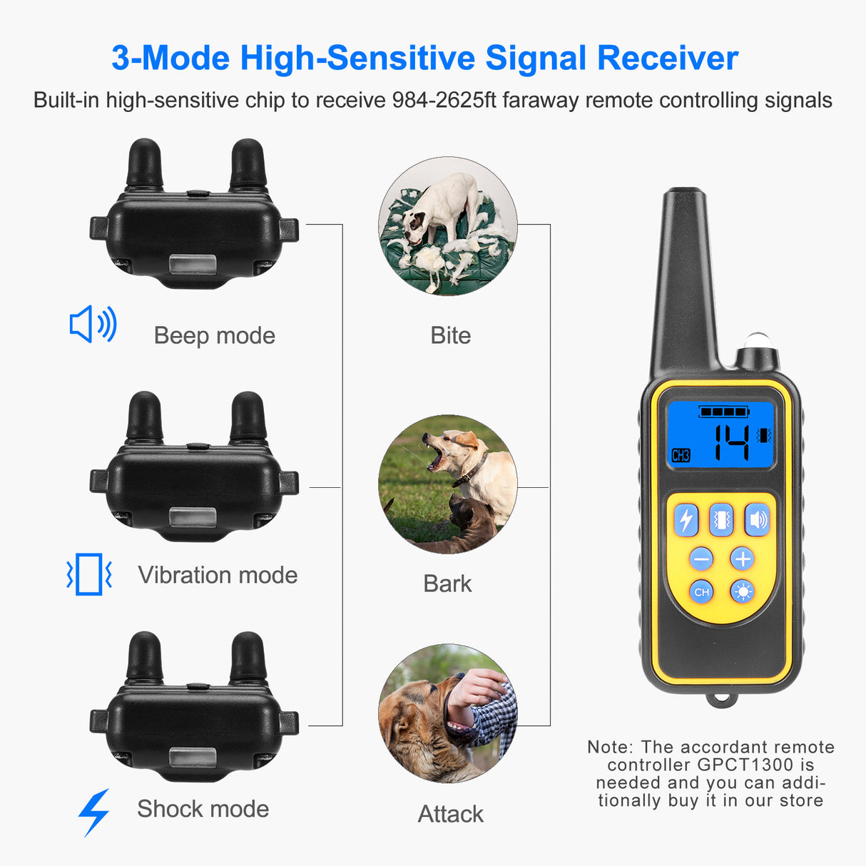 1Pc Dog Training Collar With Remote IP67 Waterproof Pet Trainer 300mAh Rechargeable 875 Yard Remote Control 4 Modes Adjustable Level