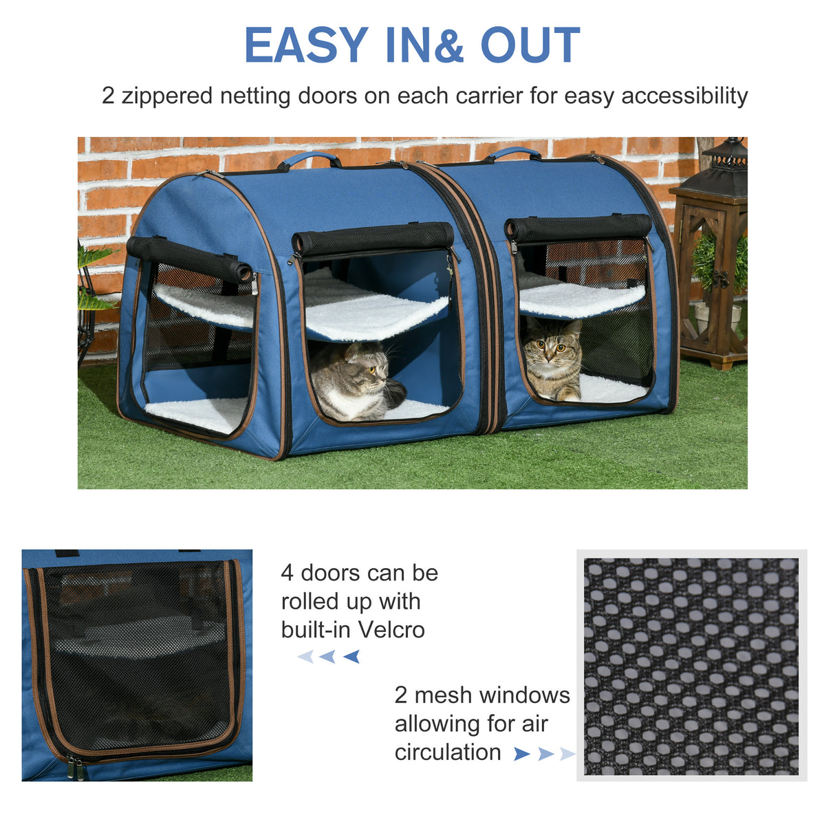 Portable Twin Compartment Show House Cat Cage 39 Soft-Sided Pet Kennel With Soft Cushions Storage Bag Blue