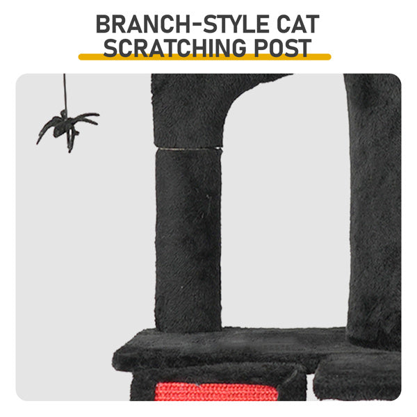 Gothic Cat Tree, Halloween Cat Tower Cat Tree With Spacious Cat Condo, Brach Shaped Scratching Post, Scratching Ladder, Spider Toy For Indoor Cats, Red & Black