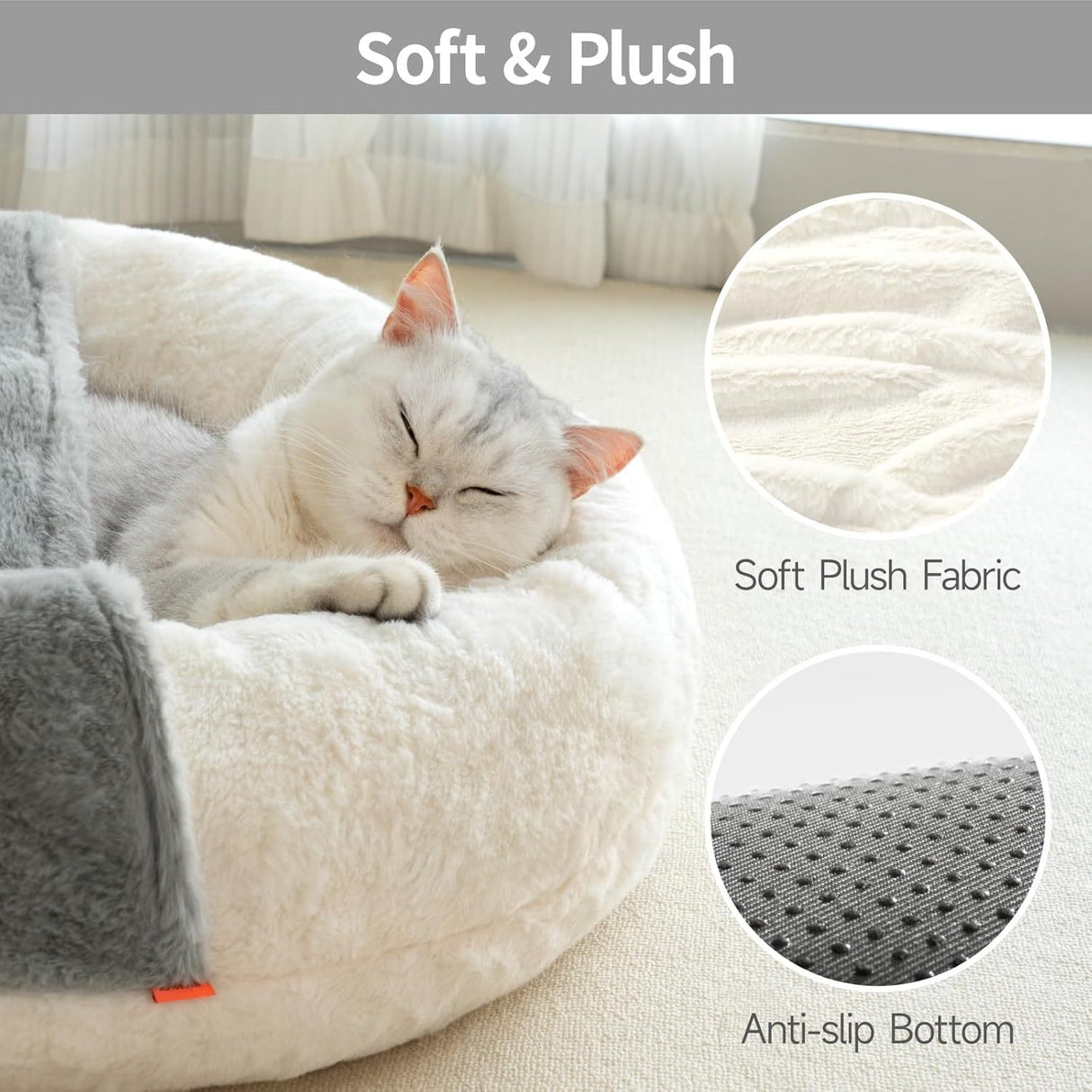 MEWOOFUN Enclosed Cat Bed Cave - Washable Pet Bed With Blanket & Non-Slip Base For Cats & Small Dogs 22'' X 22'', White