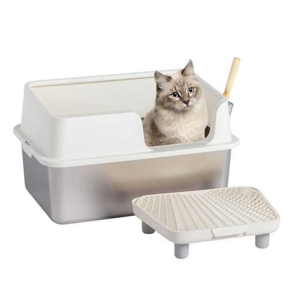 Stainless Steel With Plastic, Buckle Style With Shovel, Foot Pad, White Litter Box