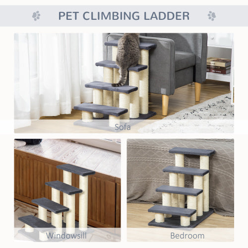 PawHut Cat Tree With 4 Steps For High Beds Couch, Cute Stair Shaped Cat Tree For Indoor Cats Or Dogs W Sisal Scratching Post, Climbing, Playing, Gray
