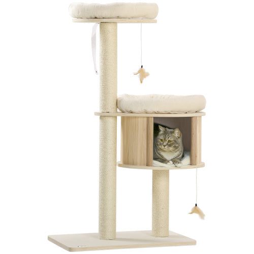 PawHut 3 Level Cat Tree With Sisal Scratching Posts Cat Badminton Toy For Playing Soft Cushions Play Areas