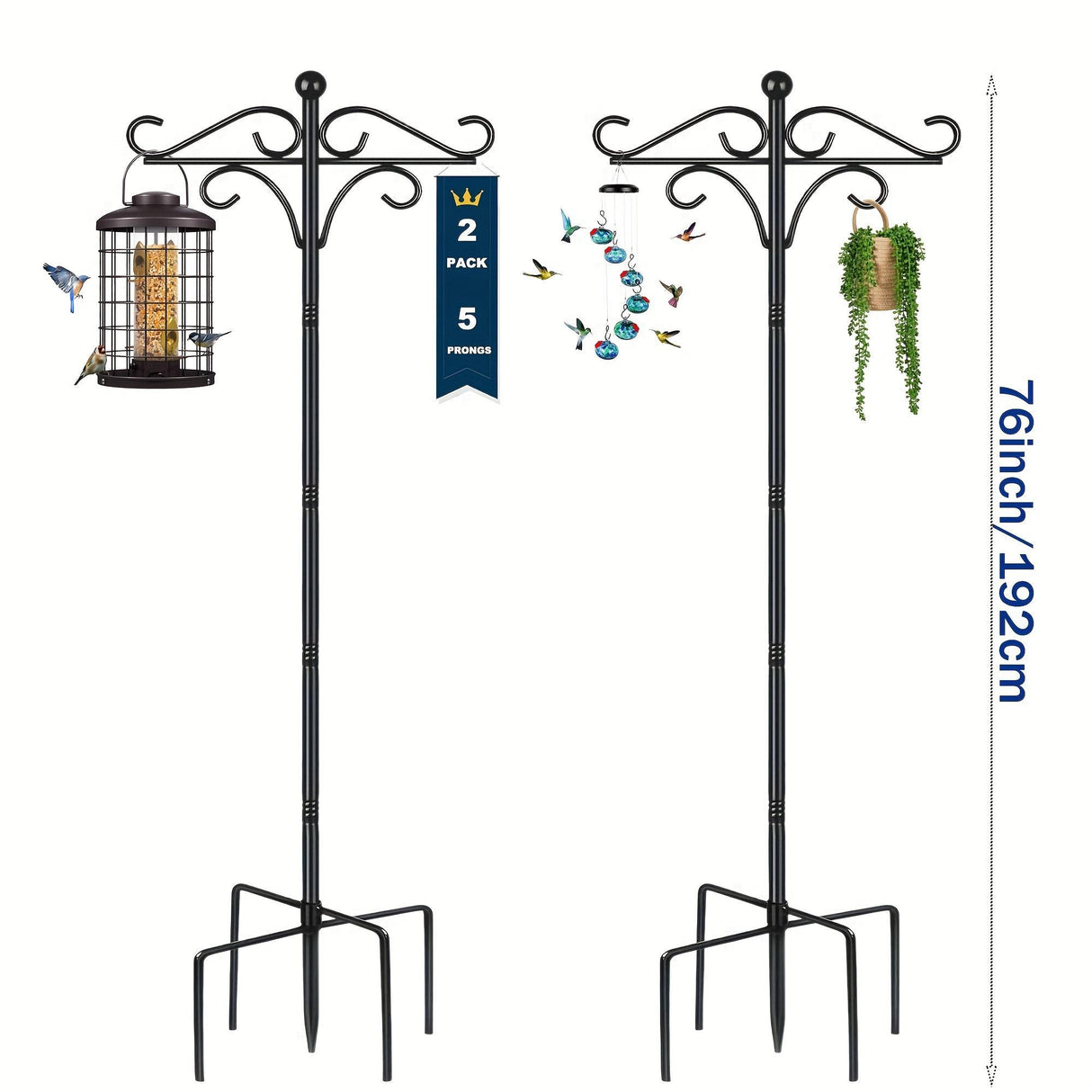 Two Heavy Duty 76 Inch Outdoor Metal Shepherd's Hooks Traditional Double Bird Feeder Pole With Five Finger Adjustable Plant Hooks Suitable For Garden And Wedding Decoration Suitable For Bird Feeders P