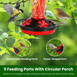 1Pc Glass Hummingbird Feeder 33OZ Hand Blown Hummingbird Feeder With 5 Flower Feeding Port Perch Ant Moat Hanging Hook S Hook Hemp Rope Cleaning Brush For Garden Decor