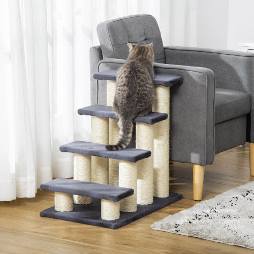 PawHut Cat Tree With 4 Steps For High Beds Couch, Cute Stair Shaped Cat Tree For Indoor Cats Or Dogs W Sisal Scratching Post, Climbing, Playing, Gray