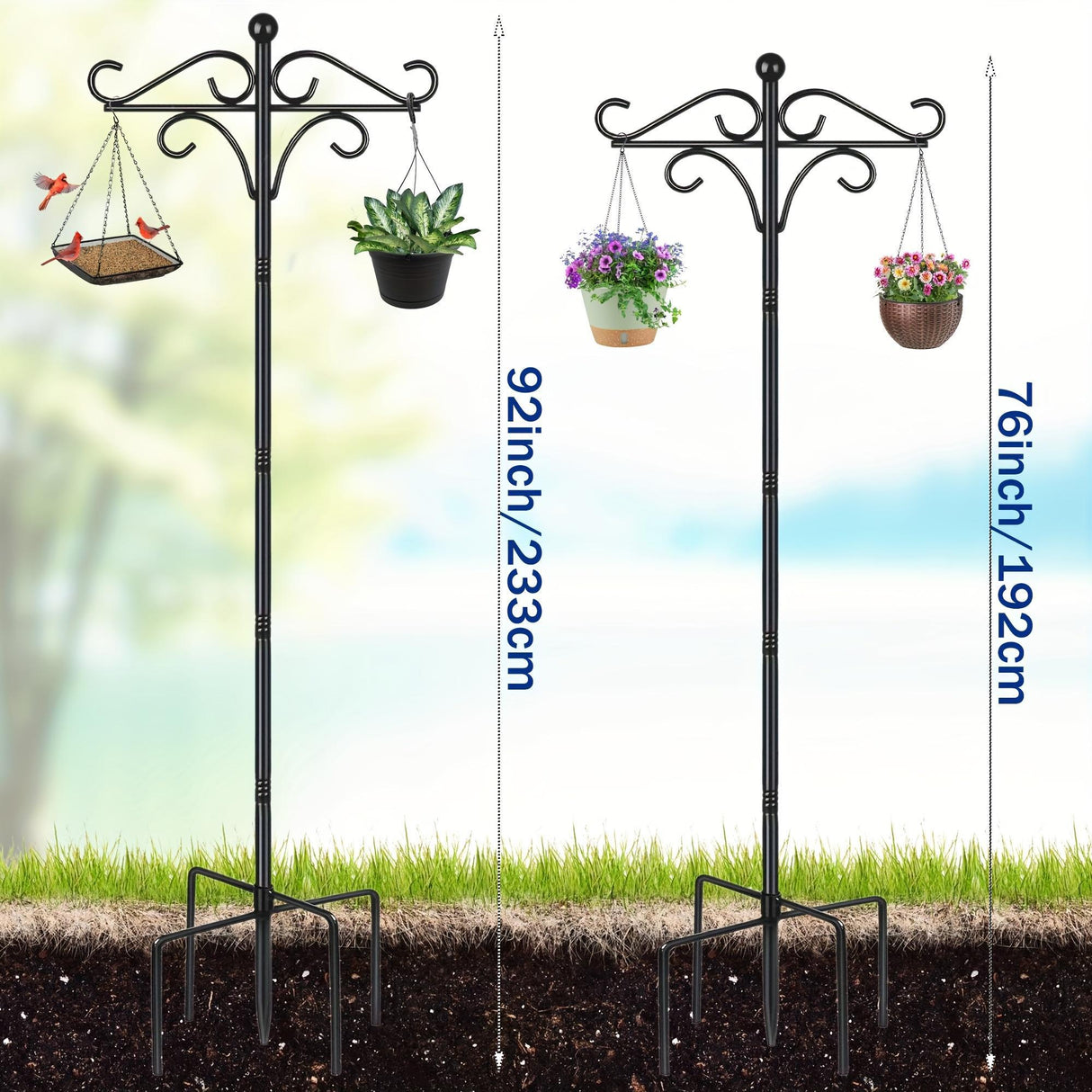 Two Heavy Duty 76 Inch Outdoor Metal Shepherd's Hooks Traditional Double Bird Feeder Pole With Five Finger Adjustable Plant Hooks Suitable For Garden And Wedding Decoration Suitable For Bird Feeders P