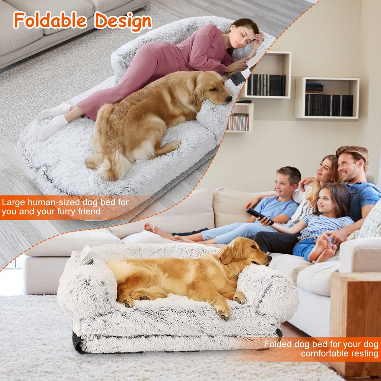 1Pc Large Foldable Human Size Dog Bed With Pillow Blanket Flurry Plush Napping Human-Sized Dog Bed Machine Washable Zipped Removable Cover For Pets Kids Adults Grey 71x45x10in