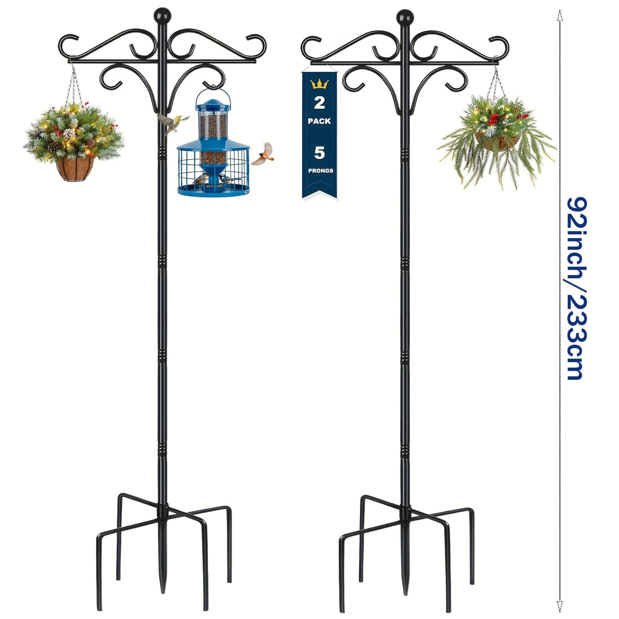 Two Heavy Duty 76 Inch Outdoor Metal Shepherd's Hooks Traditional Double Bird Feeder Pole With Five Finger Adjustable Plant Hooks Suitable For Garden And Wedding Decoration Suitable For Bird Feeders P