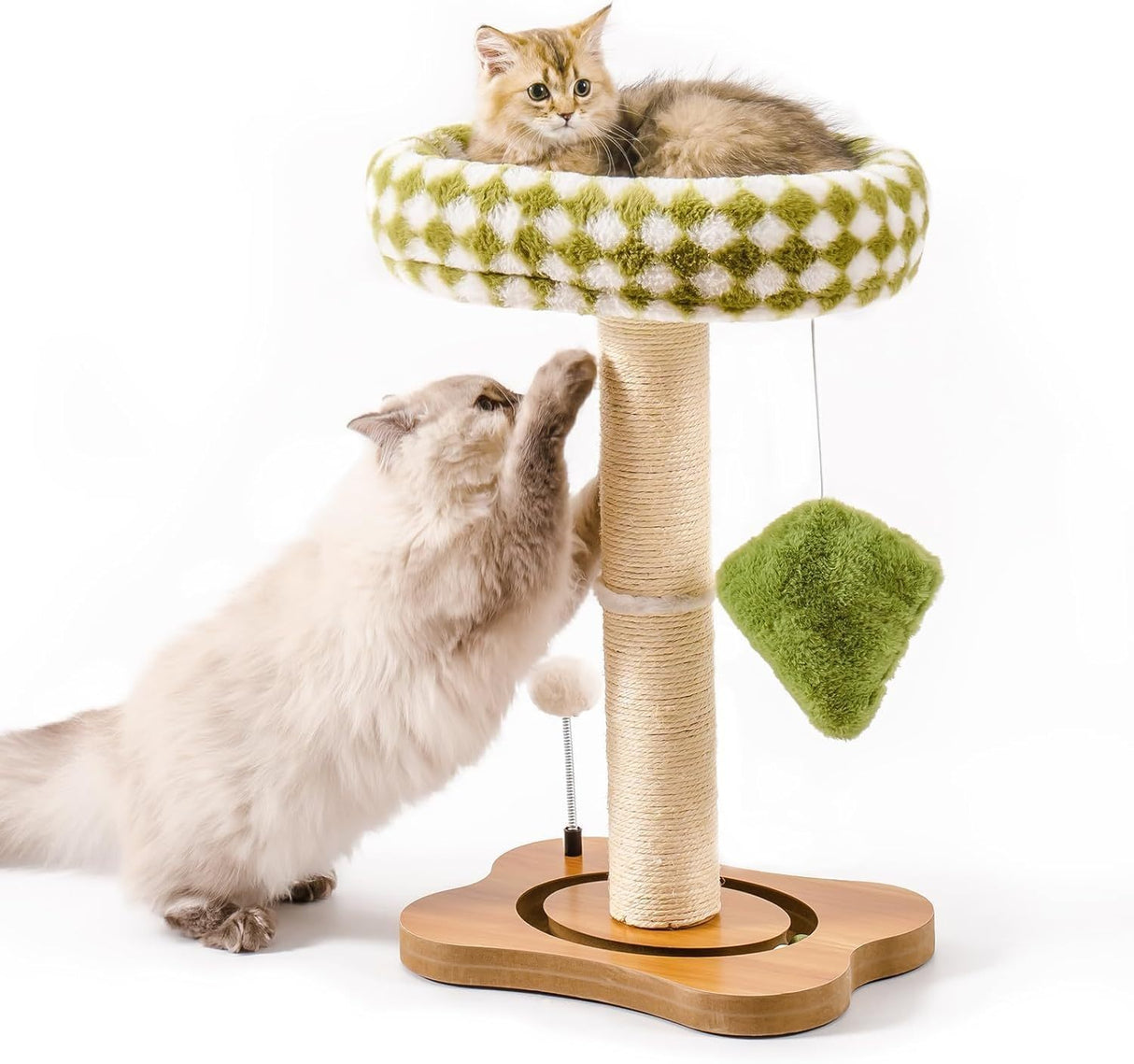 Mewoo Cat Scratching Post & Bed - 2-in-1 Small Cat Tower With Sisal Scratcher And Ball Track Toys Green, Medium