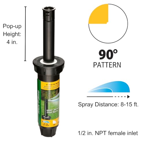 Rain Bird 1804QDS Professional Dual Spray Pop-Up Sprinkler, 90° Quarter Circle Pattern, 8' - 15' Spray Distance, 4" Pop-up Height
