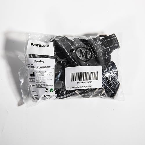 Pawaboo Dog Muzzle, Head Halter Collar for Dog, Pet Dogs Nylon Reflective Adjustable Loop Anti-Biting Barking Control Easy Fit Dogs StopsPulling Head Leash, Medium Size, Black