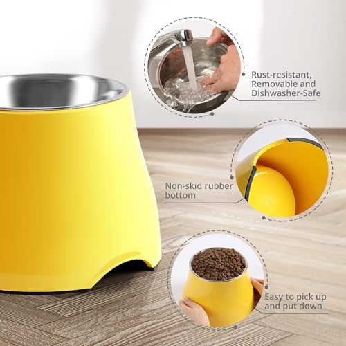 FluffyDream Elevated Bowls, Sturdy Non-Slip With Stainless Steel Bowl, for Wearing Cone, Long Ears, Large Dogs - Colorful Raised, LemonYellow, L (860ML / 3 Cups)
