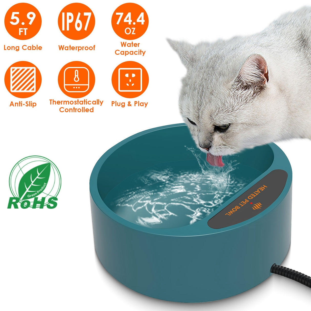 1Pc Heated Water Bowl For Dog Cat 74.4OZ Heating Water Dish IP67 Waterproof Thermal Water Bowl Heated Pet Bowl Dog Cat Water Feeder Bowl For Dog Cat Rabbit Pet
