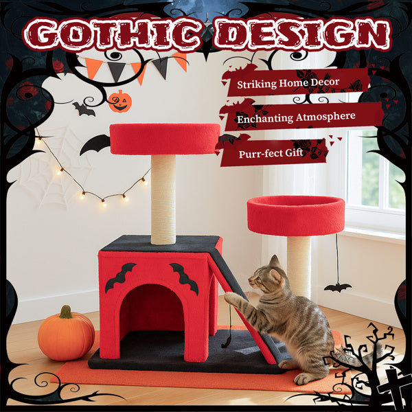 Halloween Cat Climbing Frame Gothic Cat Tree, Cat Tower With Spacious Cat Condo, 2 Padded Perches, Spider Toy, Scratching Posts, Scratching Ladder For Large Cats, Red & Black