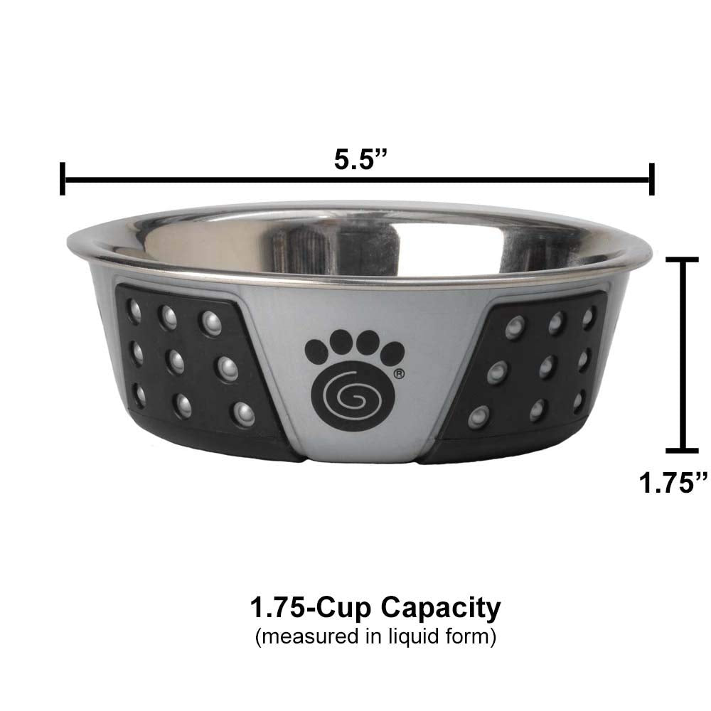 PetRageous 13097 Fiji Stainless Steel Non-Slip Dishwasher-Safe Dog Bowl 1.75-Cup Capacity 5.5-inch Diameter 1.75-inch Tall for Small and Medium Size Dogs and Cats, Light Grey and Black